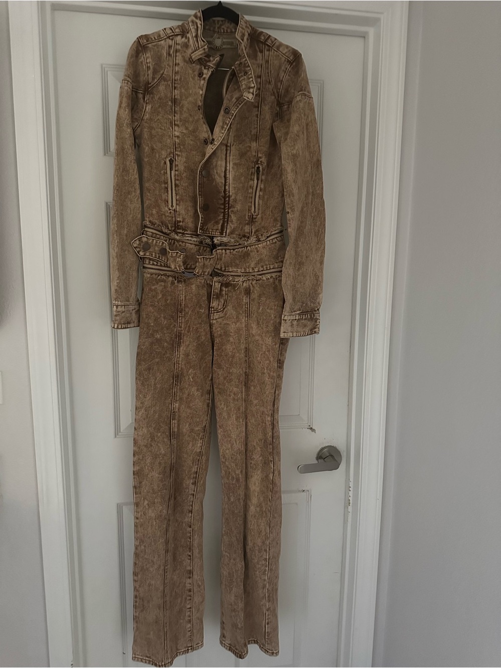 Vintage-Inspired Washed Brown Denim Jumpsuit